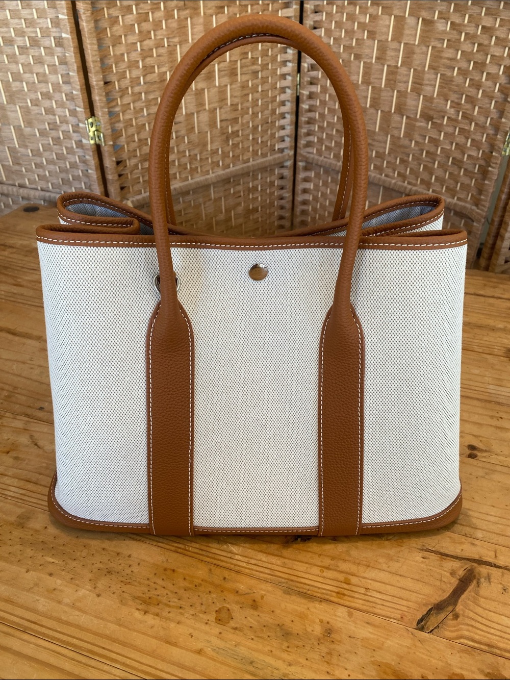 Cream Canvas Tote with Tan Leather Trim